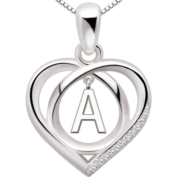 ALOV Jewelry Sterling Silver Initial A Letter Alphabet Love Heart Cubic Zirconia Pendant Necklace