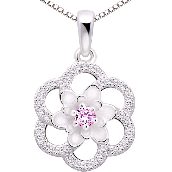 ALOV Jewelry Sterling Silver Love Peace Happiness Cubic Zirconia Pendant Necklace (Pink)