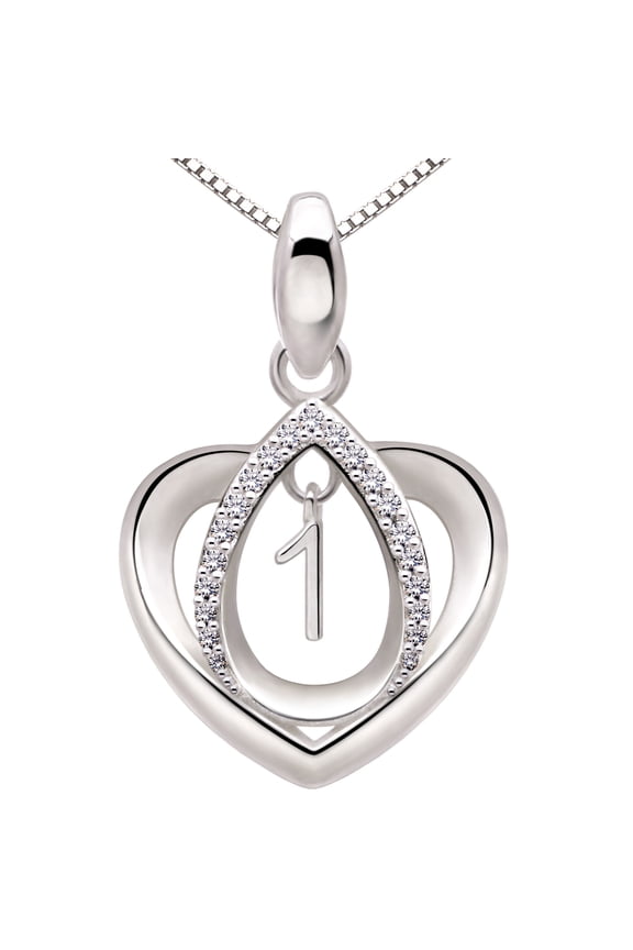 Jewelry Sterling Silver Lucky Number 1 First Anniversary Numeral One Love Heart Cubic Zirconia Pendant Necklace