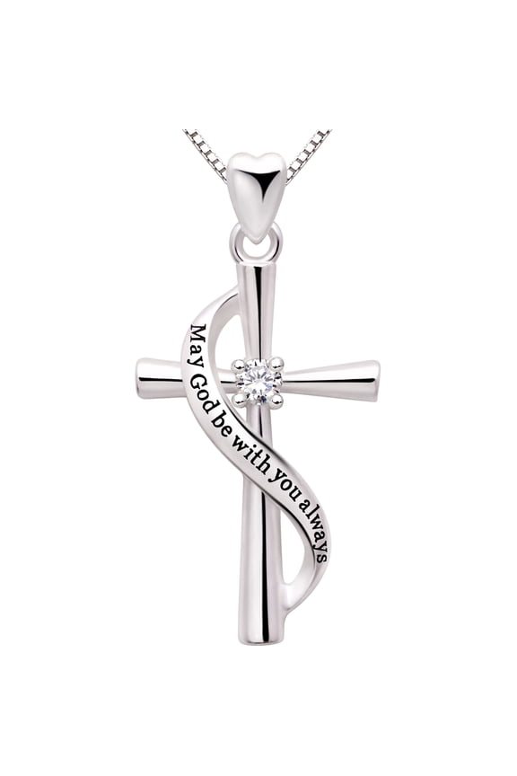 Jewelry Sterling Silver May God be with You Always Cubic Zirconia Cross Pendant Necklace