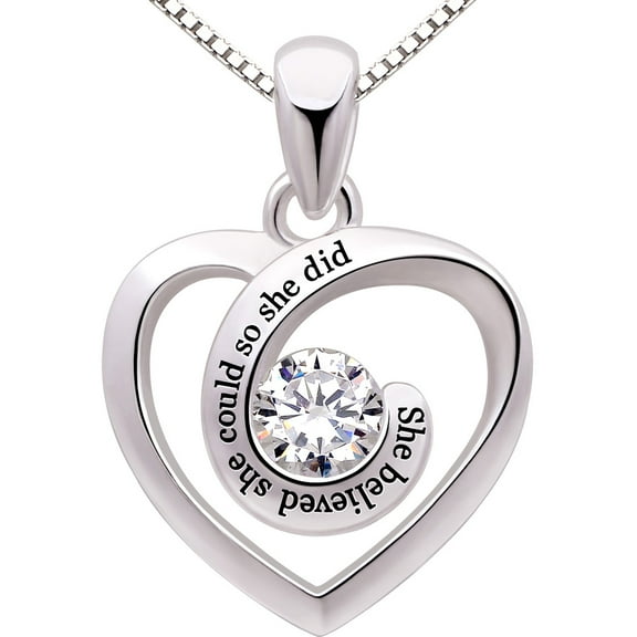 ALOV Jewelry Sterling Silver She Believed She Could So She did Love Heart Cubic Zirconia Pendant Necklace
