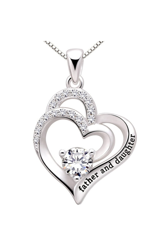 Jewelry Sterling Silver father and daughter Love Heart Cubic Zirconia Pendant Necklace