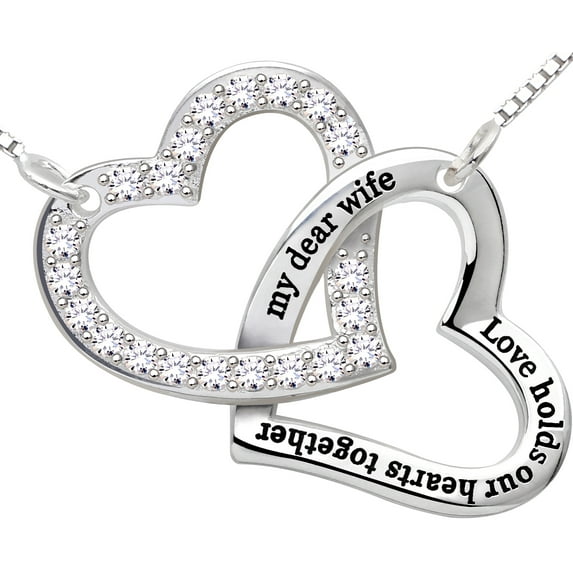 ALOV Jewelry Sterling Silver "my dear wife love holds our hearts together" Love Heart Cubic Zirconia Necklace
