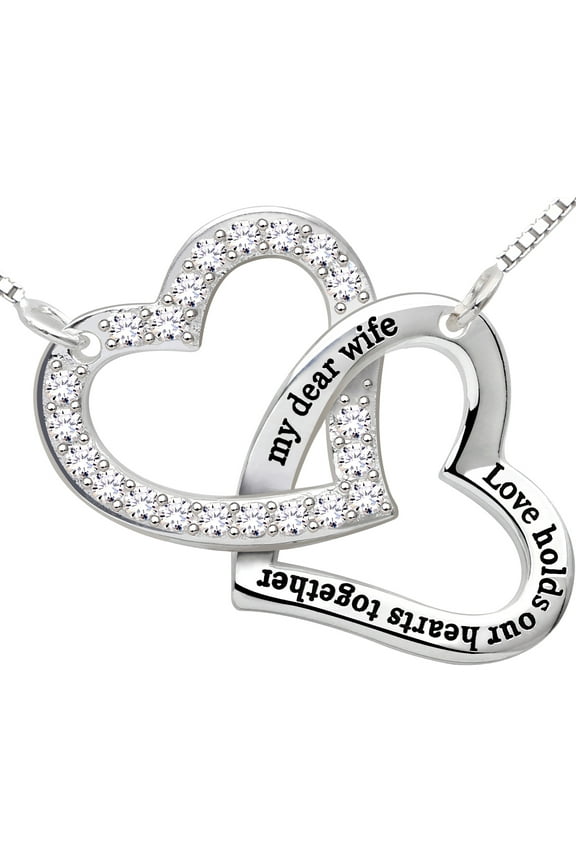 Jewelry Sterling Silver "my dear wife love holds our hearts together" Love Heart Cubic Zirconia Necklace