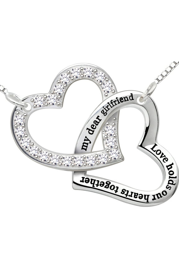 Sterling Silver "my dear girlfriend love holds our hearts together" Love Heart Cubic Zirconia Pendant Necklace