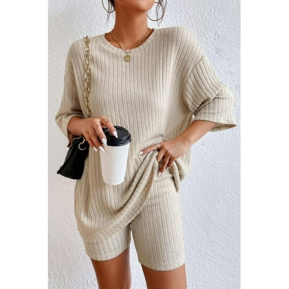 ALOVE Spring Round Neck Fashion Casual Solid Color Loose Women's Shorts Suit S-XL