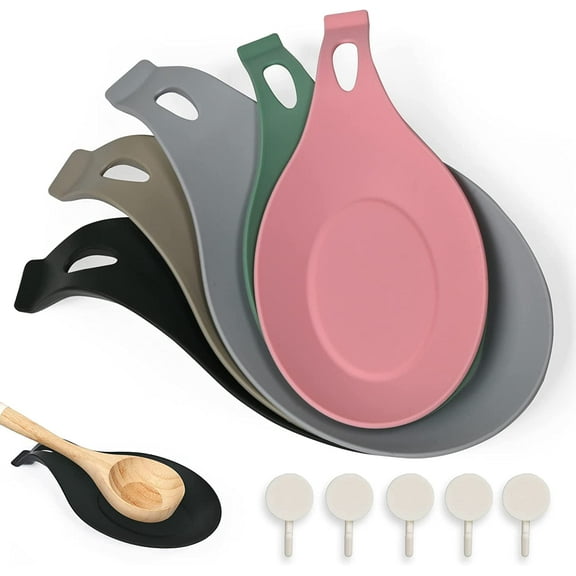 ALOVIAN Spoon Rest (Pack of 5) | BPA  (3L + 2S) | Heat Resistant, Nontoxic, Microwave and Oven Safe Spoon Rests | Foldable with 5 Adhesive Wall Hooks