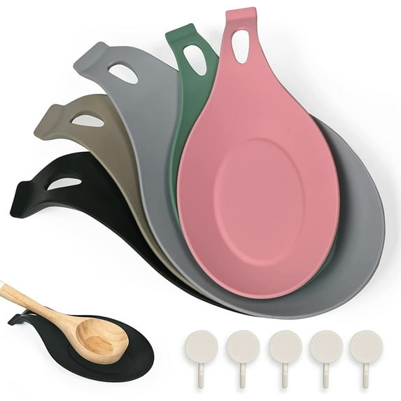 ALOVIAN Spoon Rest (Pack of 5) | BPA (3L + 2S) | Heat Resistant, Nontoxic, Microwave and Oven Safe Spoon Rests | Foldable with 5 Adhesive Wall Hooks