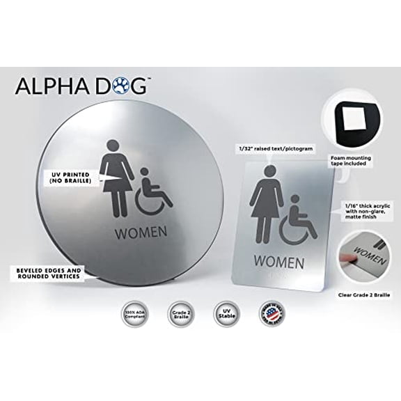 ALPHA DOG ADA SIGNS - Women's Bathroom Sign Bundle with Braille for Your Business, 8x6 Inch, ADA Compliant, Indoor or Outdoor, Easy Installation, Made in the USA, Brushed Metal