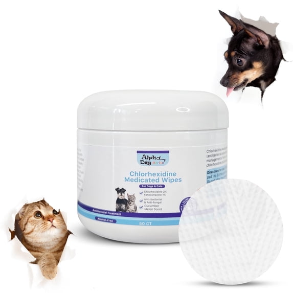 ALPHA DOG SERIES Chlorhexidine & Aloe Topical Medicated Wipes for Cleansing (50 ct) – Treats Hot Spots, Allergies, Rashes – Lightly Scented – For Cats & Dogs
