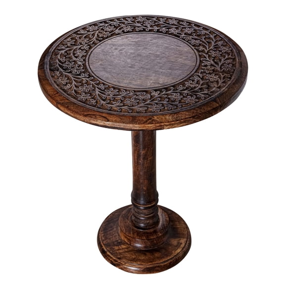 ALPHA Living Home Solid Wood End Table, Whitewash Carved Rim Small Round Side Table, 18 x 22 Inch Wooden Accent Nightstand for Living Room, Bedroom, Sofa Side & Bedside