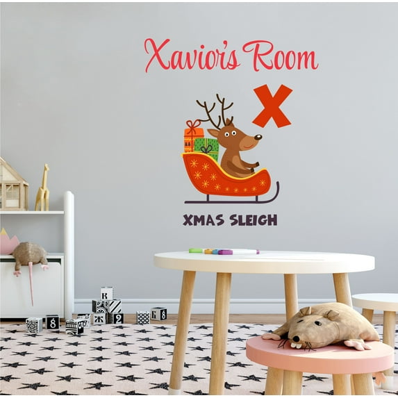 ALPHABET - Easy To Apply Home Nursery Multicolored Xmas Sleigh Reindeer Décor Customized Name Lettering Art Design Vinyl Wall Decal Sticker - Kids Bedroom Letter X Alphabet Wall Decoration 9" x 10"
