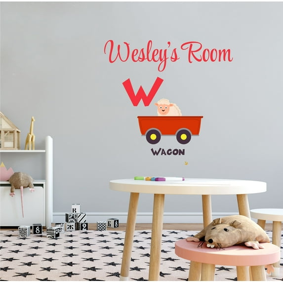 ALPHABET - Nursery Art Wagon Cart Sheep Goat Decoration Multicolored Mural Art Letter W Alphabet Design Removable Vinyl Wall Decal - Home Kids Bedroom Personalized Name Wall Décor Sticker 40" x 40"