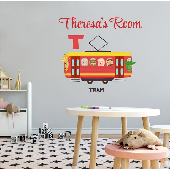 ALPHABET - Removable Home Nursery Art Safari Jungle Animals Tram Train Decor Letter T Alphabet Design Multicolored Vinyl Wall Decal - Adhesive Personalized Name Kids Bedroom Wall Art Sticker 20" x 18"