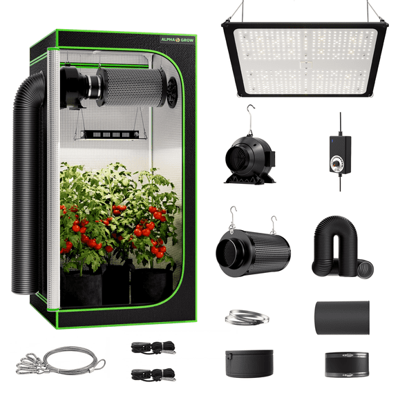 ALPHAGROW 24"x24"x48" Indoor Grow Tent System with Classic D-Door, Complete Hydroponic Kit with 100W LED Grow Light, 4-Inch Inline Fan, Filter & Black Lightproof Ducting, Stealth Compact Starter Set