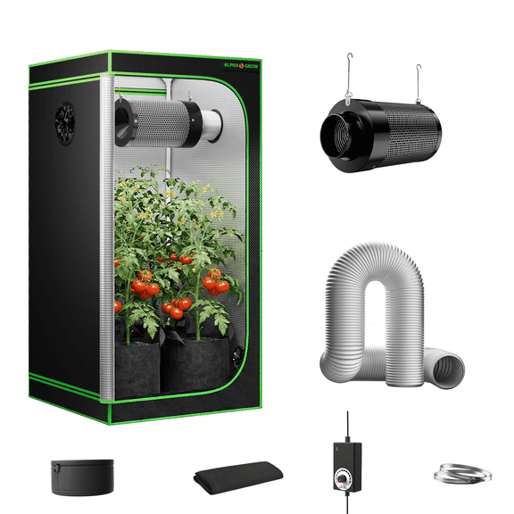 ALPHAGROW 24 x 24 x 48 in Indoor Grow Tent System with 4 in Inline Fan, Carbon Filter, and Silver Ducting, Grow Light Not Included
