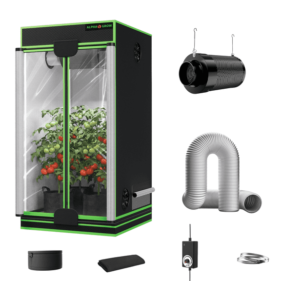 ALPHAGROW 24"x24"x48" Indoor Grow Tent System with Easy-Access Twin Door, Complete Hydroponic Planting Kit with 4-Inch Integrated Air Filtration & Silver Ducting, Compact Propagation Set (Light Not I