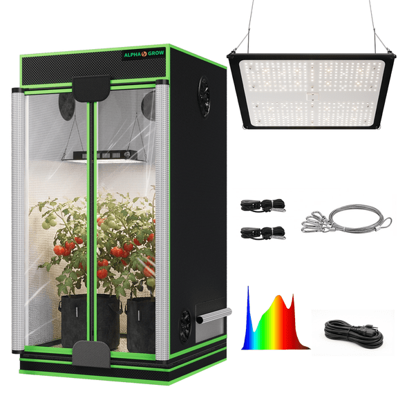 ALPHAGROW 24"x24"x48" Indoor Grow Tent System with Twin-Door Access, 2-Piece Hydroponic Starter Kit with Full Spectrum LED Grow Light, Compact Seedling & Propagation Set (Fan Not Included)
