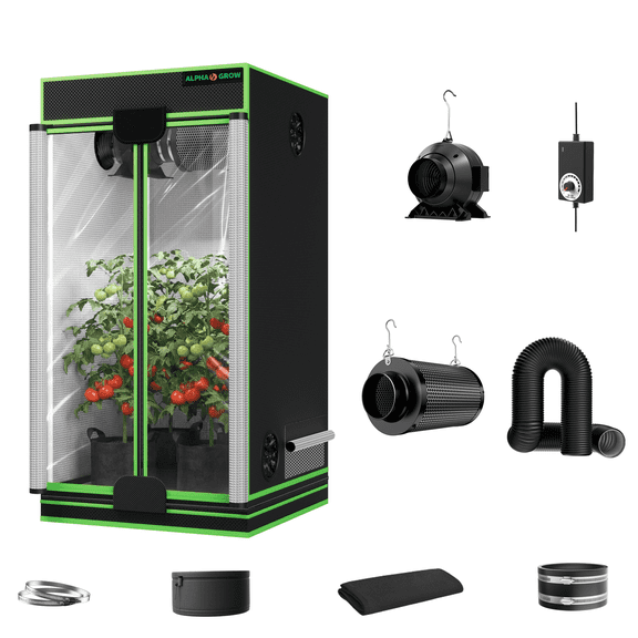 ALPHAGROW 24"x24"x48" Indoor Grow Tent System with Twin-Door Access, Complete Hydroponic Planting Kit with 4-Inch Inline Fan, Filter & Black Lightproof Ducting, Stealth Flexible Propagation Set