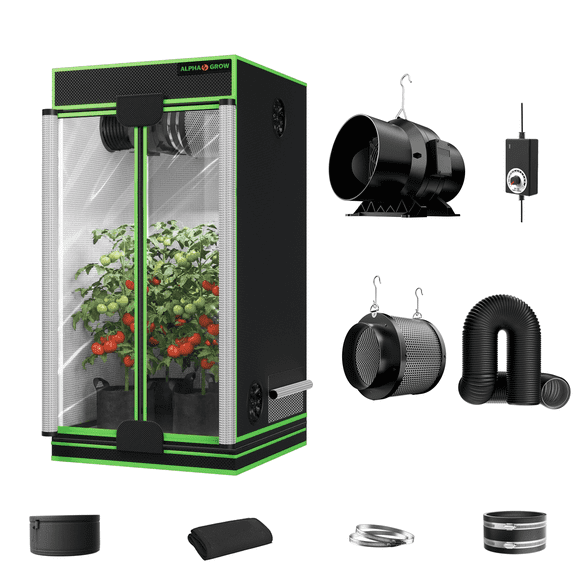 ALPHAGROW 2 x 2 x 4 ft Grow Tent Kit with Twin Doors, 6 in Inline Fan, Carbon Filter and Black Ducting
