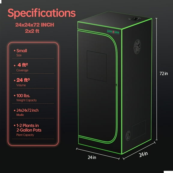ALPHAGROW 2x2/3x3/4x4ft Grow Tent Pro-Grade, with Observation Window And Floor Tray, 1680D Thicken Mylar Canvas, for Indoor Hydroponic Growing