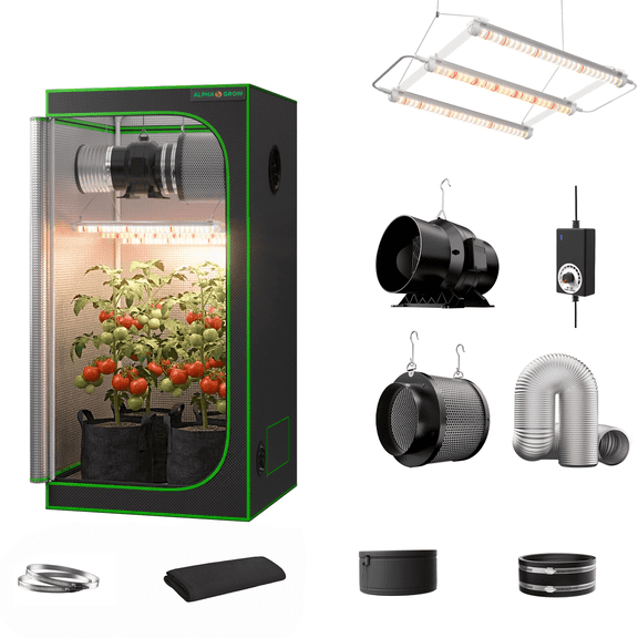 ALPHAGROW 2 x 2 ft 600D Mylar Grow Tent Kit with 33 W LED Light, 6 in Inline Fan and Carbon Filter