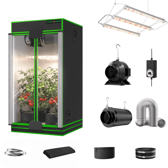 ALPHAGROW 2x2 Grow Tent Kit Complete System, 24x24x48 600D Dual Door Mylar Tent, ABA 33W LED Grow Light UVA IR, 4" Inline Fan & Carbon Filter Ventilation, for Mushrooms Cloning Seedlings Indoor Plant