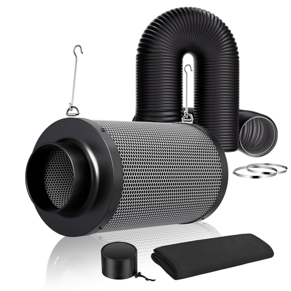 ALPHAGROW 4 Inch Air Carbon Filter with 8 Feet Black Flex Ducting, 210 CFM Odor Control Scrubber & Flexible Aluminum Hose Combo for Inline Fan, Grow Tent Ventilation