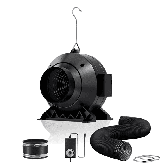 ALPHAGROW 4 Inch Inline Duct Fan with 8 FT Black PET Flexible Ducting, 175 CFM Quiet DC Motor Ventilation Kit with Noise-Reducing Rubber Coupler & Speed Controller for Grow Tent