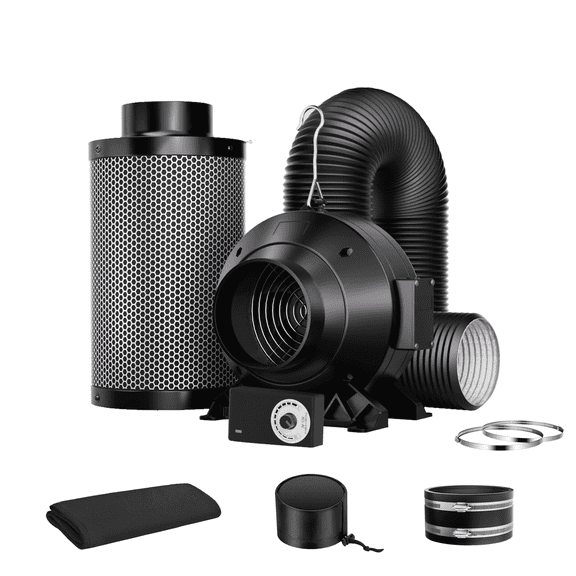 ALPHAGROW 4 in Inline Duct Fan with Carbon Filter and 8 ft Black Flexible Ducting