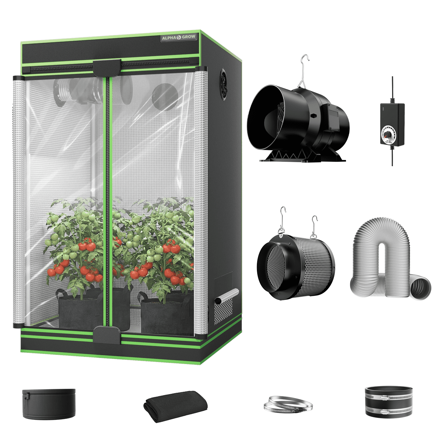 Grow Fans ALPHAGROW 4 x 4 ft Grow Tent Kit with Twin Doors, 6 in Inline Fan ...
