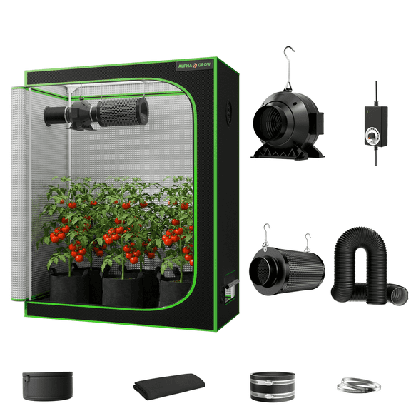 ALPHAGROW Indoor Grow Tent System, 48 x 24 x 60 in, 600D Fabric, 4 in Inline Fan, Carbon Filter, and Black Ducting