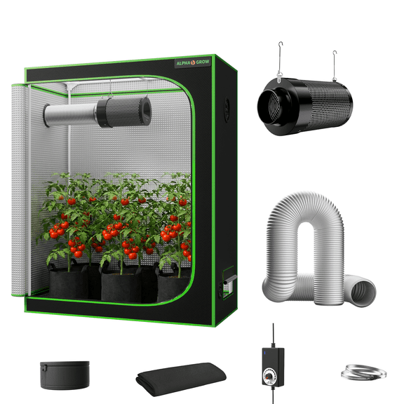 ALPHAGROW 48"x24"x60" Indoor Grow Tent System with Classic D-Door, Complete Hydroponic Planting Kit with 4-Inch Integrated Air Filtration & Silver Ducting, Professional Cultivation Set (No Light )