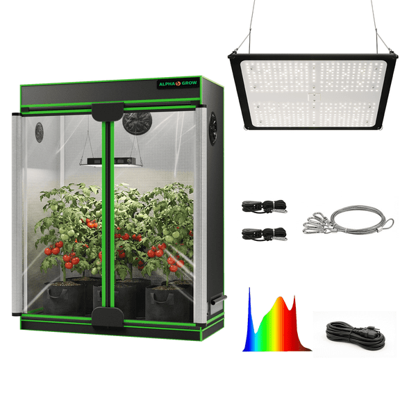 ALPHAGROW 48"x24"x60" Indoor Grow Tent System with Twin-Door Access, 2-Piece Hydroponic Starter Kit with 100W Full Spectrum LED Grow Light, Veg & Propagation Set (Fan Not Included)