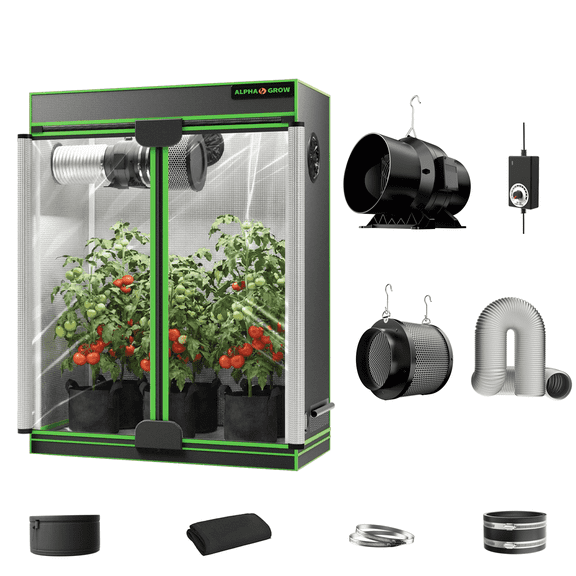 ALPHAGROW 48"x24"x60" Indoor Grow Tent System with Twin-Door Access, Complete Hydroponic Planting Kit with 6-Inch Inline Fan, Carbon Filter & Silver Ducting, Heavy-Duty Ventilation Set (No Light )