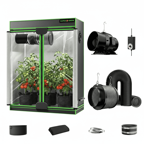 ALPHAGROW 48"x24"x60" Indoor Grow Tent System with Twin-Door Access, Complete Hydroponic Planting Kit with 6-Inch Inline Fan, Carbon Filter & Silver Ducting, Heavy-Duty Ventilation Set (No Light )