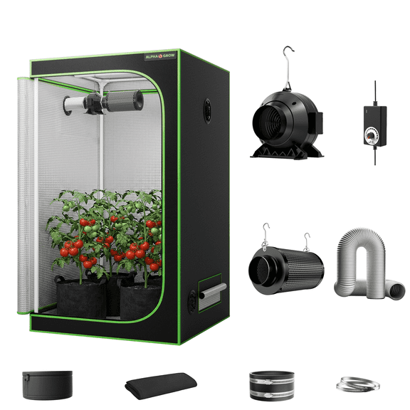 ALPHAGROW 48"x48"x80" Indoor Grow Tent System with Classic D-Door, Complete Ventilation Kit with 4-Inch Inline Fan, Carbon Filter & Silver Ducting, Standard 4x4 Hydroponic Set (Light Not Included)