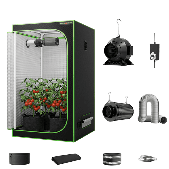 ALPHAGROW 4 x 4 ft Grow Tent Kit with Classic D-Door, 4 in Inline Fan, Carbon Filter and Silver Ducting