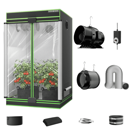 ALPHAGROW 4 x 4 ft Grow Tent Kit with Twin Doors, 6 in Inline Fan, Carbon Filter and Silver Ducting