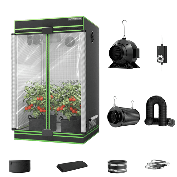 ALPHAGROW 48"x48"x80" Indoor Grow Tent System with Twin-Door Access, Complete Hydroponic Planting Kit with 4-Inch Inline Fan, Carbon Filter & Black Lightproof Ducting,Stealth Flexible 4x4 Cultivation