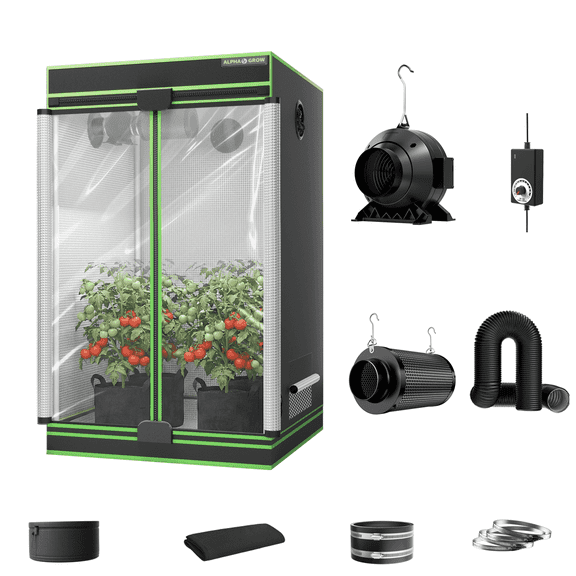 ALPHAGROW 4 x 4 ft Grow Tent Kit with Twin Doors, 4 in Inline Fan, Carbon Filter and Black Ducting