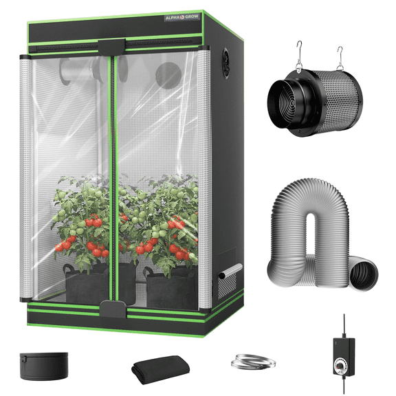 ALPHAGROW 4 x 4 ft Grow Tent Kit with Twin Doors, 6 in Inline Fan, Carbon Filter and Silver Ducting