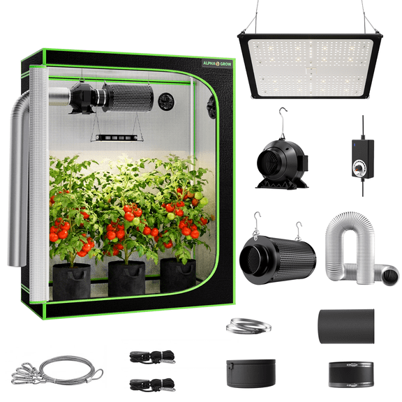 ALPHAGROW 4x2 Grow Tent Kit (48"x24"x60") with Classic D-Door, 4-Inch Inline Fan and Carbon Filter, 100W LED Grow Light & 8FT Silver Ducting, Flexible Hydroponic System