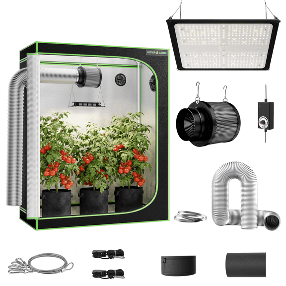ALPHAGROW 4x2 Grow Tent Kit (48"x24"x60") with Classic D-Door, 6-Inch Integrated Fan & Filter (410 CFM), 100W LED Grow Light & 8FT Silver Ducting, High-Airflow Hydroponic System