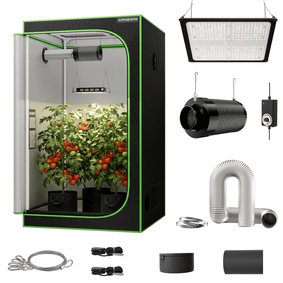 ALPHAGROW 4x4 Grow Tent Kit (48"x48"x80") with Classic D-Door, 4-Inch 2-in-1 Integrated Fan & Filter (210 CFM), 100W LED Grow Light & 8FT Silver Ducting, Easy-Setup Hydroponic Starter System