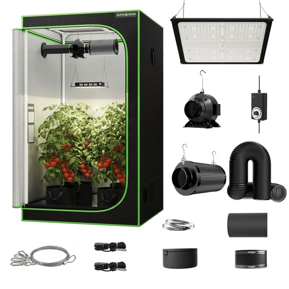 ALPHAGROW 4x4 Grow Tent Kit (48"x48"x80") with Classic D-Door, 4-Inch Inline Fan and Carbon Filter, 100W LED Grow Light & 8FT Black Lightproof Ducting, Spacious Stealth Starter System