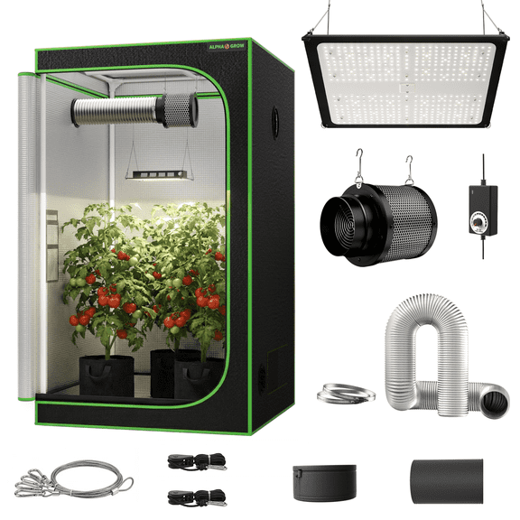 ALPHAGROW Grow Tent Kit, 48 x 48 x 80 in, with 100 W LED Light, 6 in Integrated Inline Fan, Carbon Filter and 8 ft Silver Ducting