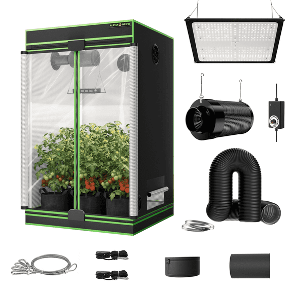 ALPHAGROW Indoor 4 x 4 ft 600D Mylar Grow Tent Kit with 100 W LED Light, 4 in Fan and Carbon Filter, 210 CFM