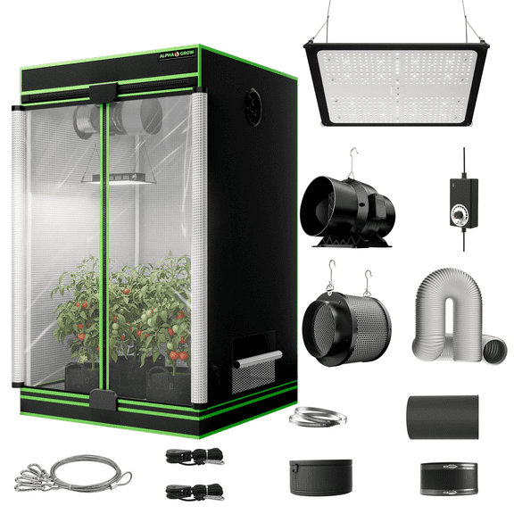 ALPHAGROW 4x4 Grow Tent Kit (48"x48"x80") with Easy-Access Twin Door, 6-Inch Inline Fan and Carbon Filter, 100W LED Grow Light & 8FT Silver Ducting, Accessible Hydroponic Starter System