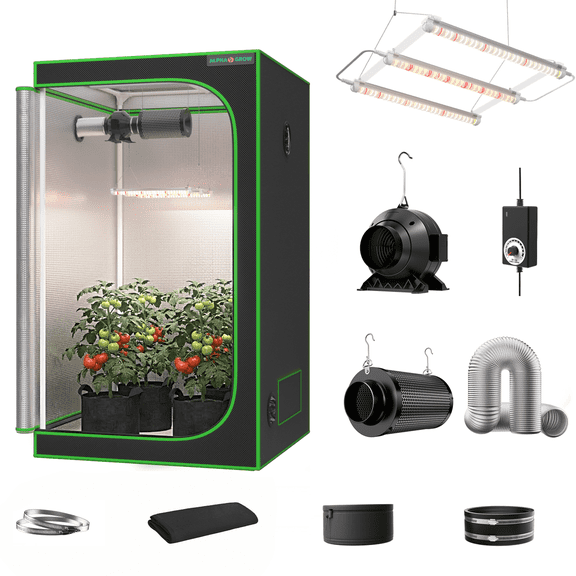 ALPHAGROW 4x4 Hydroponic Grow Tent Kit Complete System, 48x48x80 600D Mylar Tent, ABA 33W LED Grow Light UVA IR, 4" Inline Fan and Carbon Filter for Indoor Plants Mushrooms Cloning Seedlings Setup